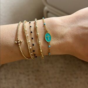 Dainty gold & turquoise beaded cross adjustable bracelet delicate jeweled chain